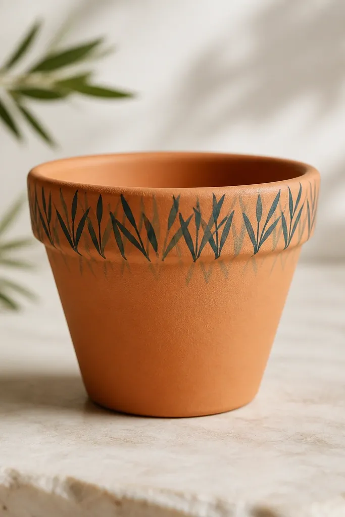 A terracotta mini planter with a dark teal sea grass outline painted around the rim, plus faint gray-green shadow strokes just below the outline.