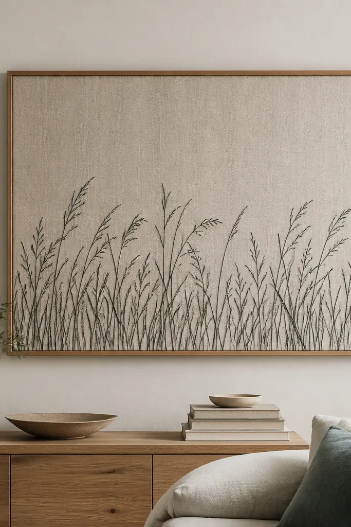 A stretched fabric panel in light natural linen with black-teal sea grass outline drawn across the bottom third, framed in a simple wood frame.