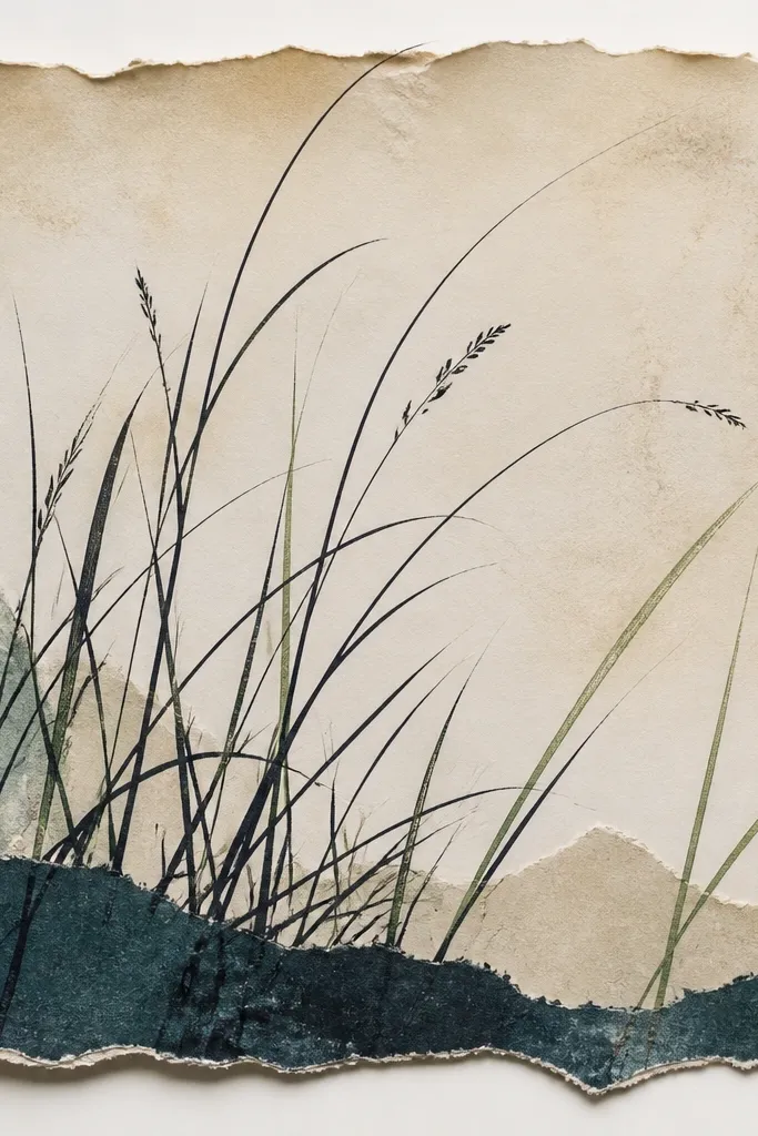 A torn-edged collage panel with aged cream paper, black-teal sea grass outline rising from the bottom, with a few pale green blades.