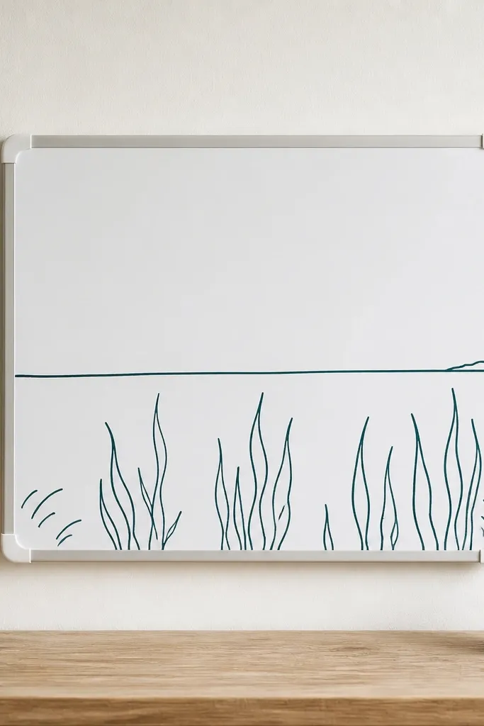 A small magnetic whiteboard with a thin horizon line, dark teal sea grass outlines below, and a few short grass arcs near the bottom corners.