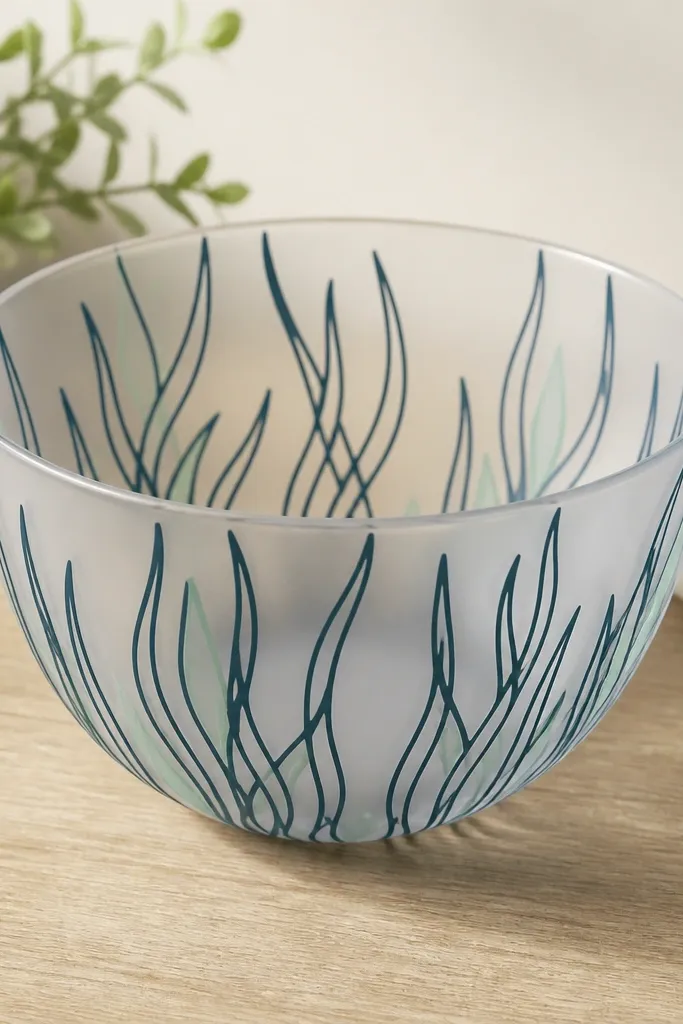 A clear bowl insert made from frosted contact paper with dark teal sea grass outline cut lines and a few seafoam green accents.