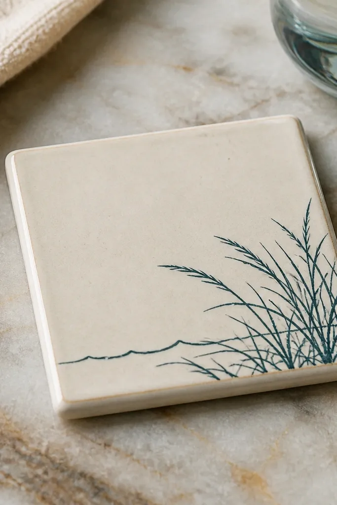 A small square ceramic tile coaster with a light cream glaze, dark teal grass outline drawn across one corner, with a tiny wave line.