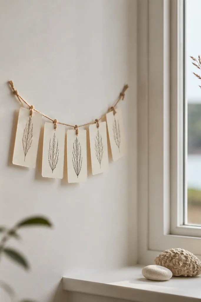 A short twine garland with small strips of paper, each strip holding a tiny sea grass outline, hung in a small window corner.