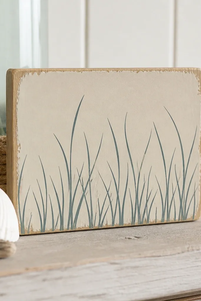 A small painted wood sign with a sand-colored base, thin dark teal sea grass outline across the lower half, and a lightly distressed edge showing natural wood.