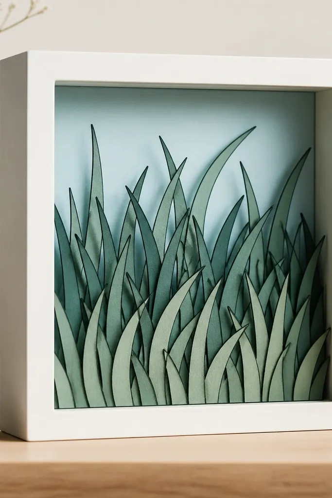 A small shadow box with three layers of paper grass silhouettes, each layer outlined in dark teal, with a clear glass front and a pale blue background.