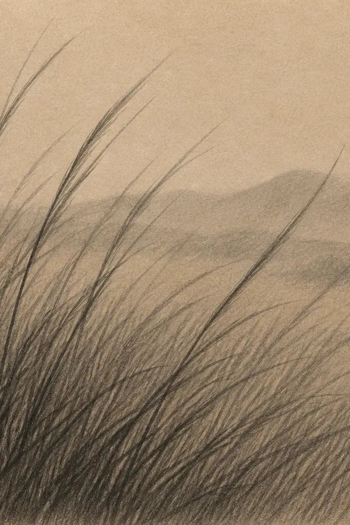 A 5x7 sketch on warm tan paper. The grass blades are drawn with the pencil held flat, creating long, slightly curved strokes. Foreground blades are darkest and tallest, while the background fades into a soft gray haze.