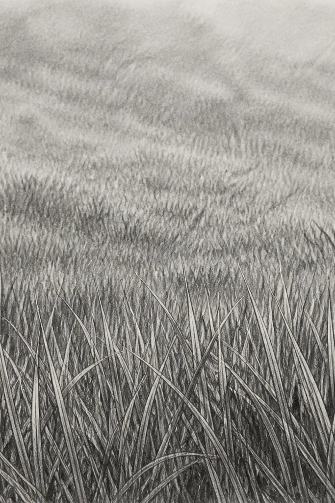 A landscape grass sketch divided mentally into three horizontal zones. The bottom third has sharp, tall blade marks. The middle band has shorter strokes with medium darkness. The top band is mostly soft smudging with a few sparse blade hints.
