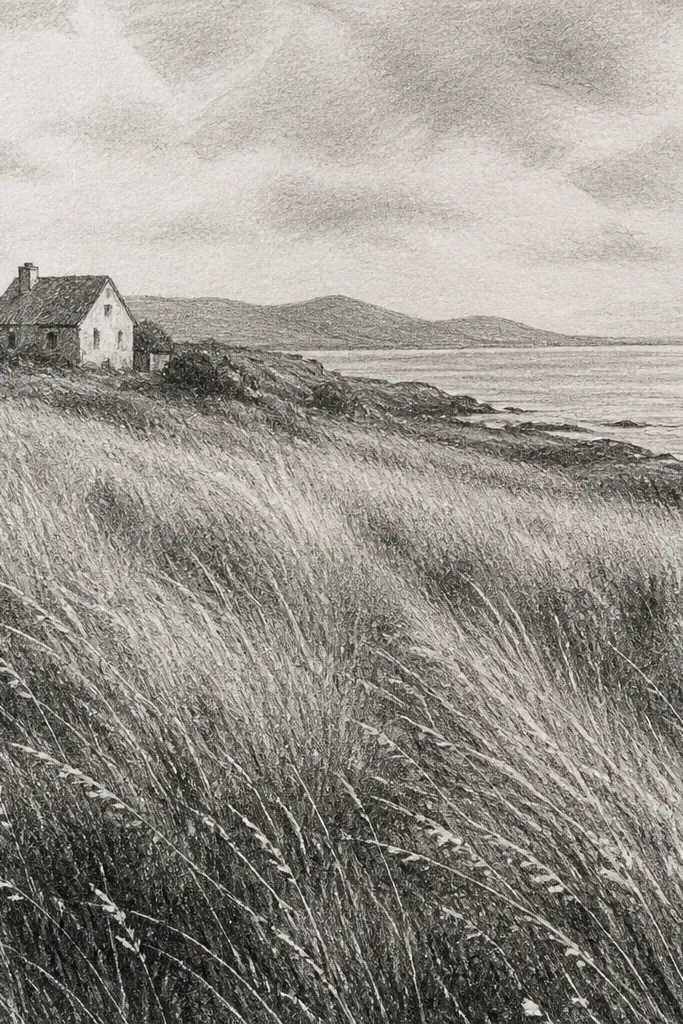A textured sketch where the grass looks scratched into the paper. The marks are directional and slightly broken, with visible paper tooth under the graphite. Foreground has darker scrapes and tiny highlight gaps.
