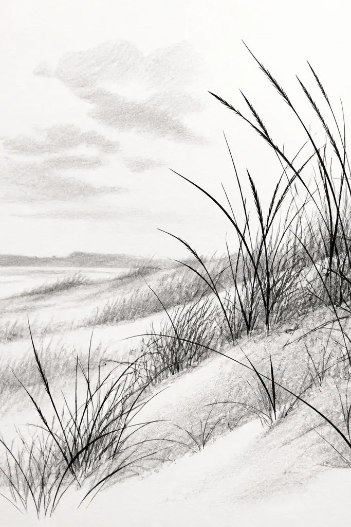 A sketch where soft gray graphite creates a base, and crisp black gel pen lines form individual grass blades. The pen lines vary in length and thickness, with highlights left as paper white.
