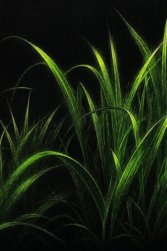 A drawing on black paper with neon-green and yellow-green pencil lines. The grass blades glow at the edges, with deep black shadows between clusters. Highlights look like thin bright streaks.