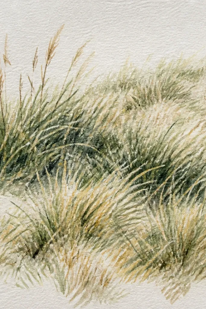 A grass sketch with soft, streaky color like dry brush. The blades are suggested with short strokes, and a few darker lines create depth. The paper shows slight texture under the strokes.