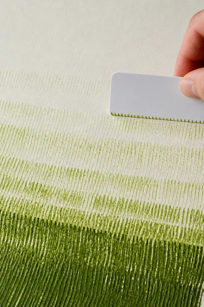Grass texture made from repeated comb lines. A plastic card edge creates parallel micro-strokes across the paper, with darker comb bands near the bottom and lighter ones above.