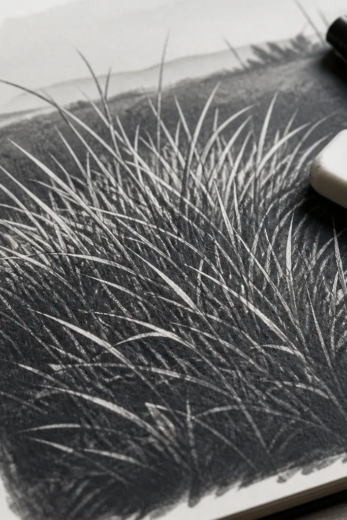 A sketch where darker marker shading is carved out with an eraser to form sharp grass tips. The grass looks spiky and textured, with bright carved highlights against a dark base.