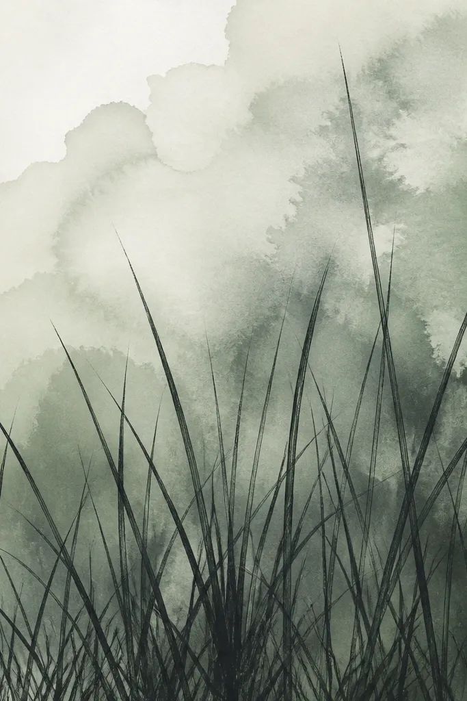 A layered grass drawing with watery black/green wash in the background and darker pencil blade tips in the foreground. The wash has soft edges and the blades are crisp and varied.