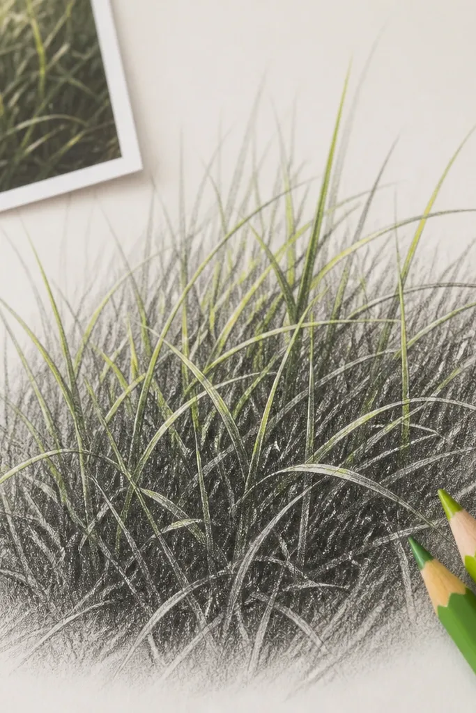 Graphite grass forms the base mass, and thin colored pencil strokes (yellow-green and light green) sit on top as sunlit blade edges. The highlights look like narrow streaks.