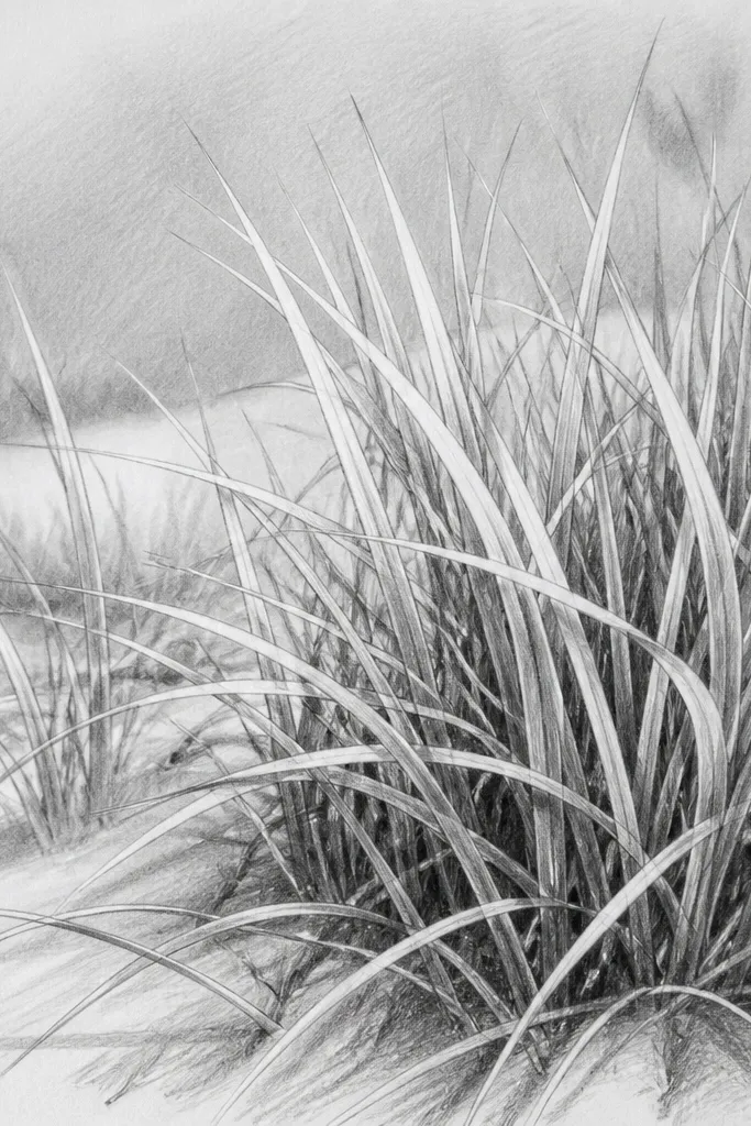 A monochrome grass sketch where the brightest blades are left as untouched paper white. Shadows are built with 4B/6B strokes, and the midtones are light gray.
