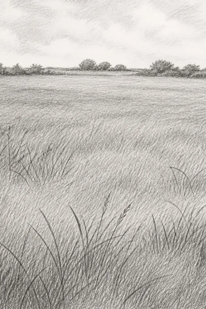 A grass drawing with a few ink outlines for clumps, then crosshatched pencil shading that fills the grass area. The crosshatching changes angle between foreground and background.
