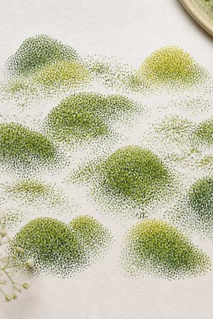 A grass drawing that looks like mossy clumps. It's made of small dots and tiny comma strokes, with light green and yellow-green accents. The dots form rounded mounds.