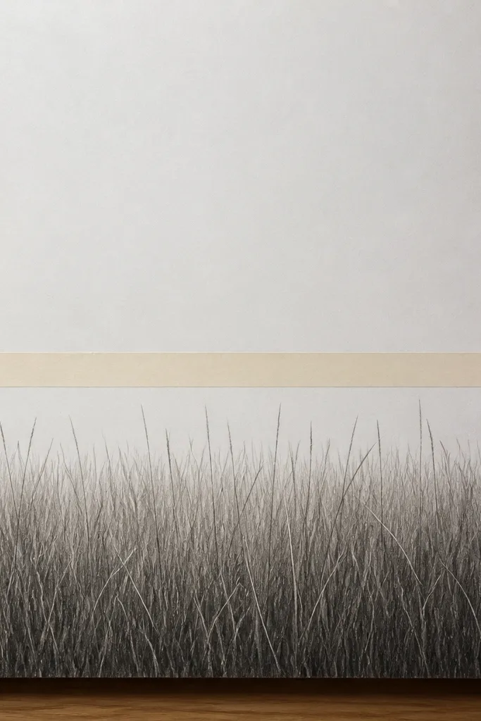 A sketch where the grass stops at a crisp horizon line. Masking tape creates a clean boundary, and grass texture builds up from the bottom with varying blade heights and dark shadows.