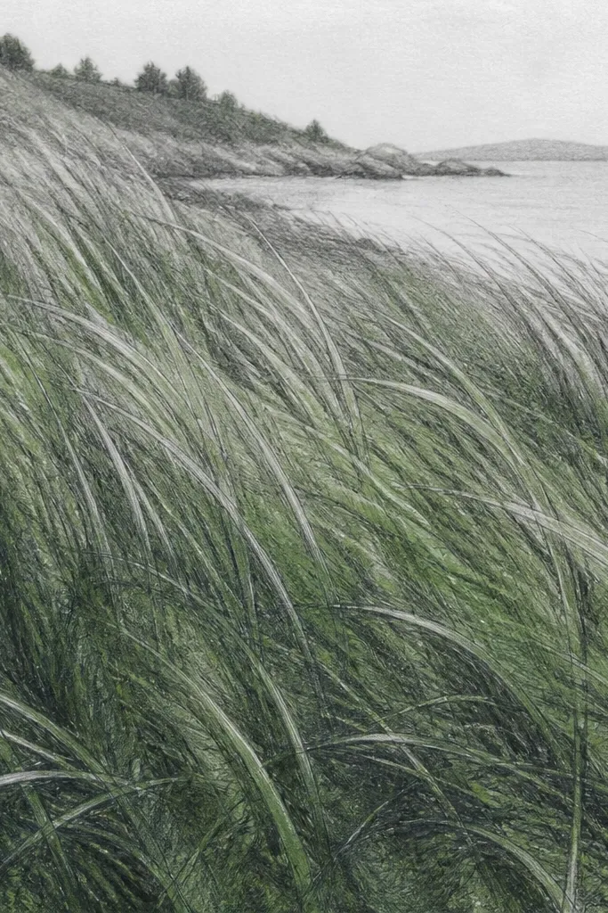 A layered drawing where an oil pastel green base sits under graphite. The grass has deeper darks and softer transitions, with pencil blades carved on top. The colors peek through in the midtones.