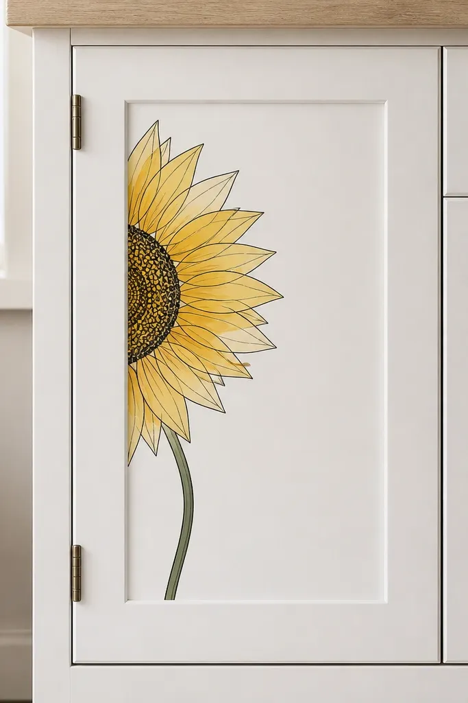 A white cabinet door panel with the left half of a sunflower drawn in black outline and layered yellows; the seed head circle sits near the center of the panel, and a thin green stem curves down toward the lower hinge area.