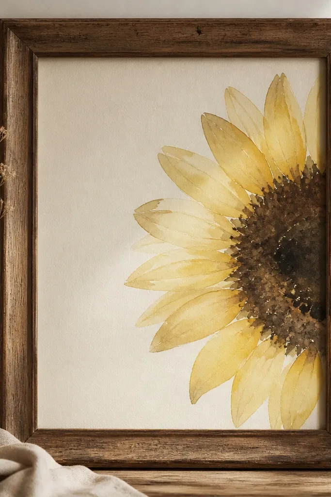 A thrifted wooden picture frame with a pale cream background; the right half of a sunflower is painted with translucent watercolor-like washes, with soft yellow petals and a lightly speckled dark seed head.