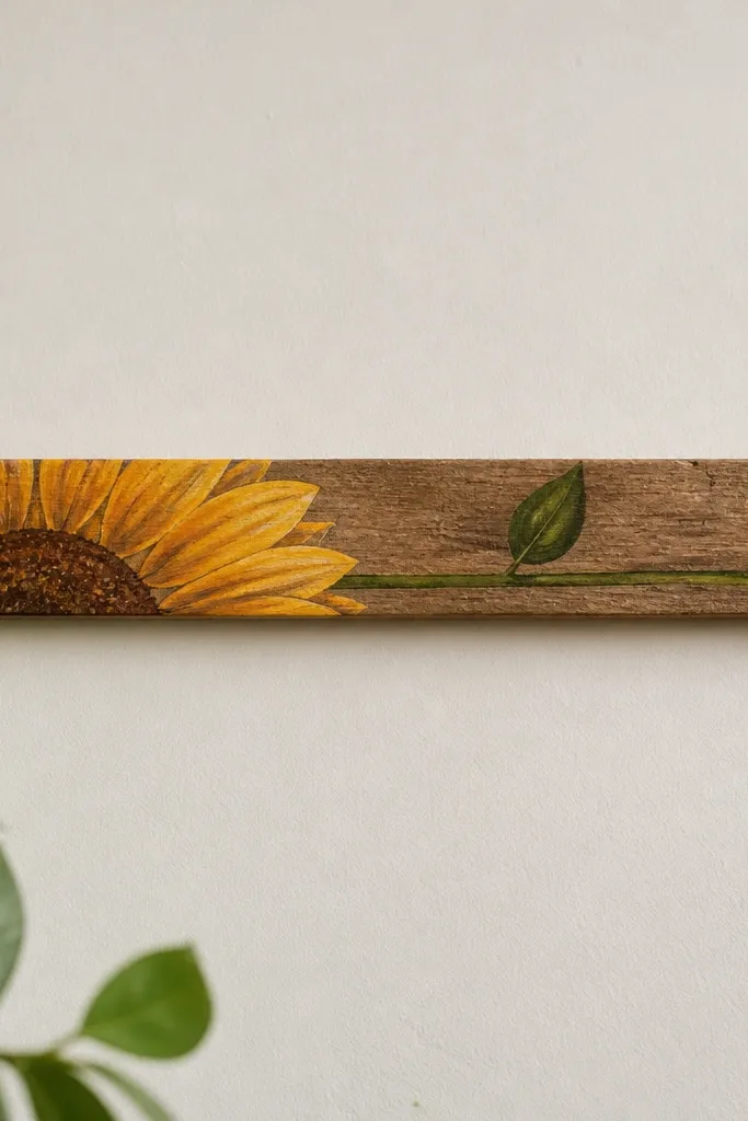 A narrow upcycled wood slat mounted on a wall; the left half of a sunflower is drawn along the slat length, with the stem running horizontally and a small leaf pointing upward.