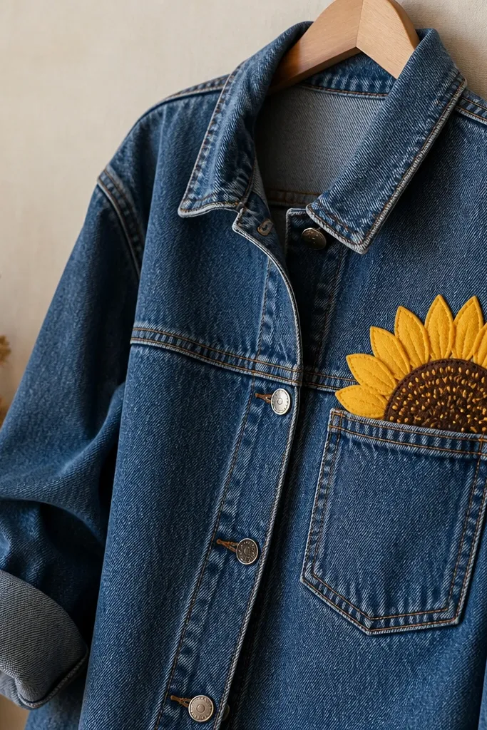 A denim jacket with one pocket; a half sunflower patch is sewn on, with bright yellow felt petals and a dark brown seed head filled with small embroidery stitches.