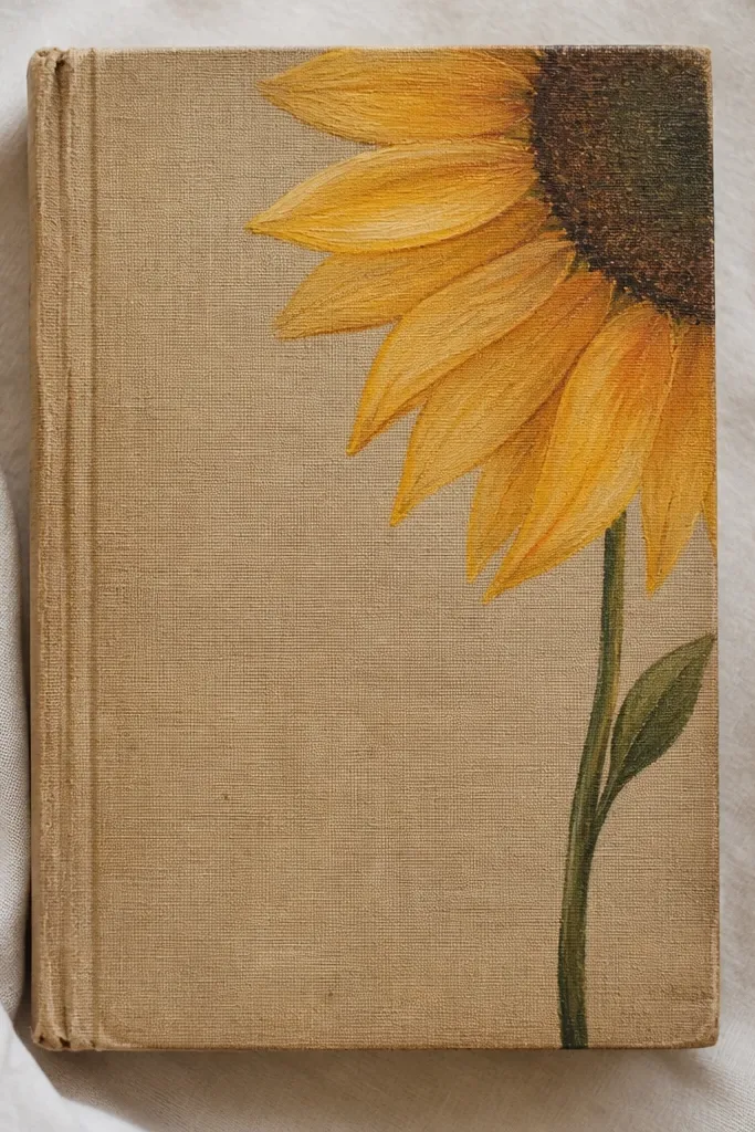 A repurposed old book cover painted with a half sunflower drawing; the sunflower seed head sits near the top right corner and the petals curve down into the center with a thin green stem.