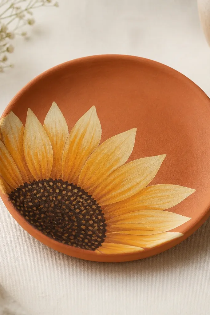 A round terracotta saucer painted with a half sunflower on the top surface; petals fade from deep mustard at the base to pale yellow at the edges, and the seed head is dark brown with small dots.