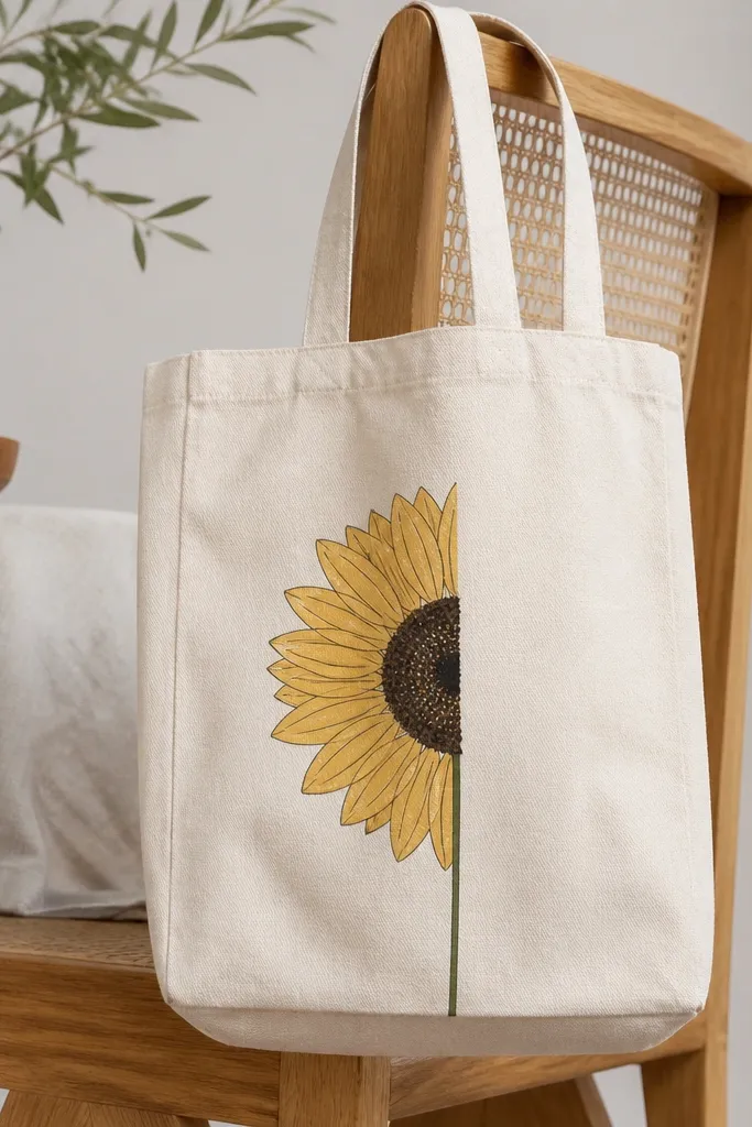 A cream canvas tote bag with a half sunflower stencil on the front; the left half petals are crisp and outlined, with a dark seed head and a thin green stem line.