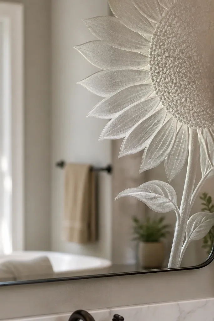 A bathroom mirror with a half sunflower decal painted or frosted near the corner; the seed head is in the upper right with petals extending left, and the stem curves toward the bottom corner.