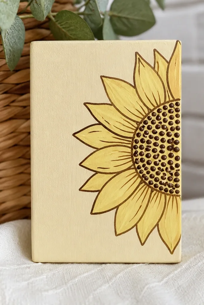 A small rectangular MDF board painted light cream with a half sunflower outline in burnt umber; the petals are filled with pale yellow and the seed head has darker brown dots.