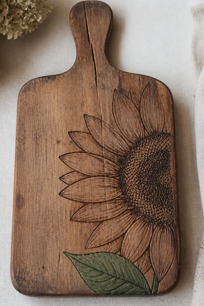 An old wooden cutting board with a half sunflower burned into the surface; petals are lightly burned, and the seed head has dense pyrography dots, with a simple green painted leaf at the bottom edge.