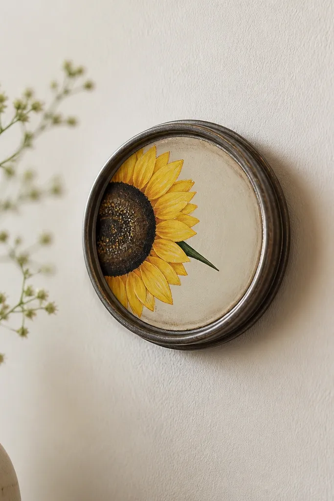 A round mason jar lid mounted on the wall like a small plaque; a half sunflower is painted on the lid with a dark seed head and yellow petals, and a tiny green stem points inward.