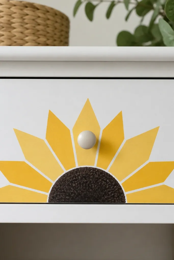 A small dresser drawer front painted white; a half sunflower is drawn using clean tape guides, with straight-edged petal shapes and a dark seed head centered on the visible half.