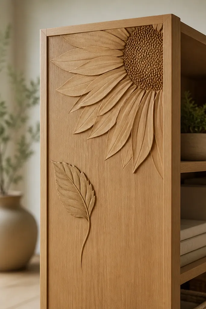 A shelving end panel with a half sunflower at the top corner; petals fan left, and a small leaf sits near the middle to balance the composition.