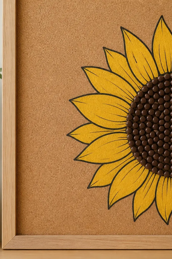 A corkboard panel with a half sunflower; the seed head is made from many small thumbtacks in dark brown, while petals are drawn in yellow marker and outlined in black.