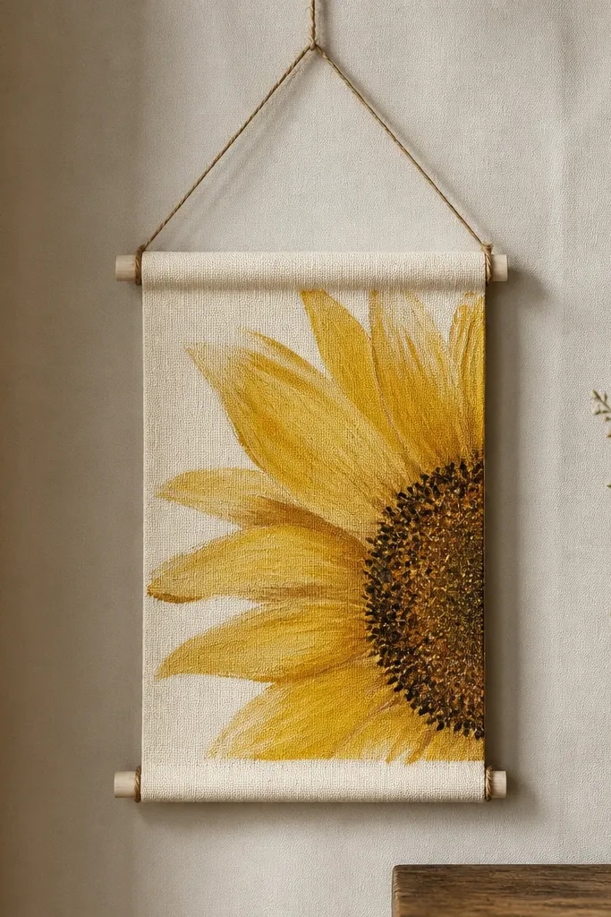 A small rolled canvas painting hung with twine; the half sunflower is painted on the front with a loose brush style, showing visible canvas texture, and the seed head is dotted in brown paint.