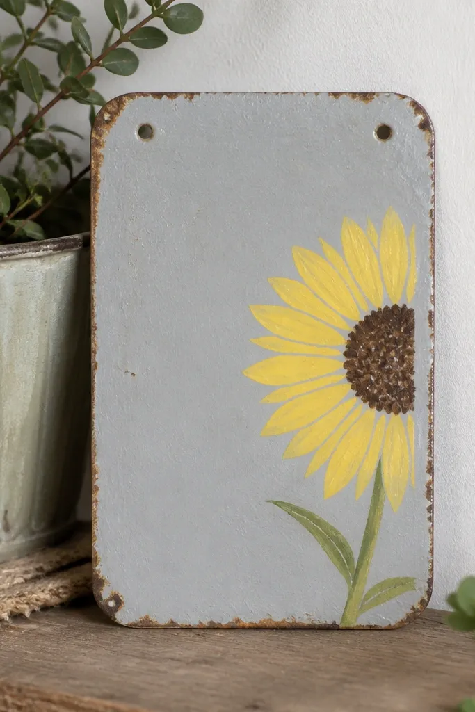 A small upcycled metal sign painted in light gray chalk paint; a half sunflower is stenciled on in bright yellow petals and a dark brown seed head, with a simple green stem.