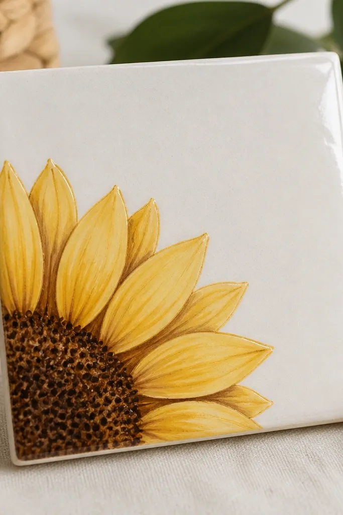 A square ceramic tile coaster with a half sunflower painted in the corner; petals are yellow with a darker shadow under each petal, and the seed head has tiny brown dots, all under a glossy clear finish.