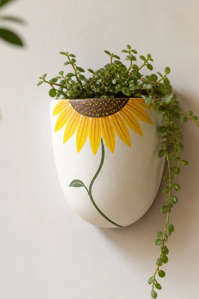 A small wall planter pot painted off-white with a half sunflower drawn; the seed head is near the top rim, petals are yellow with crisp paint marker lines, and a green stem curves down.