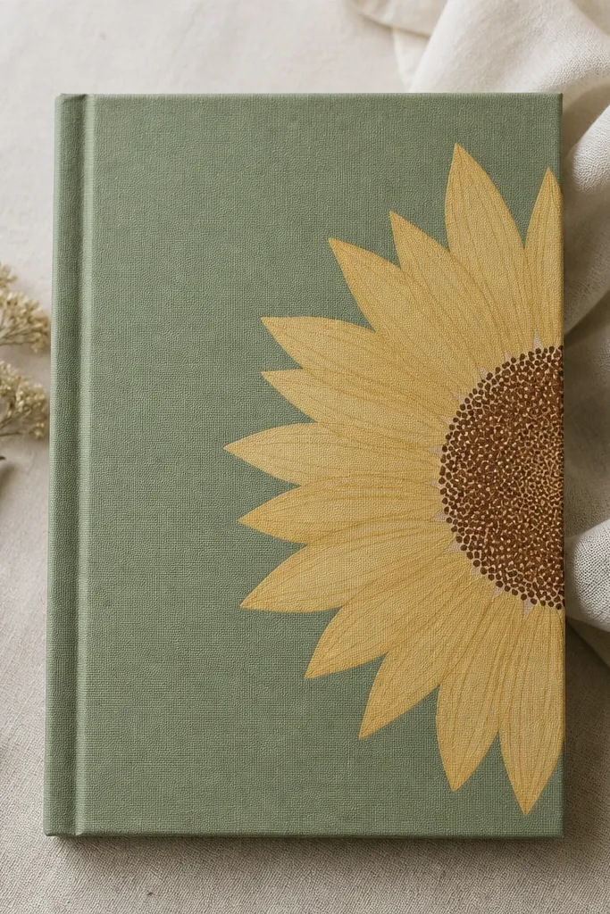 A handmade notebook cover with a half sunflower; the petals look like a paper transfer with crisp edges, and the seed head has fine brown dots, all on a muted sage background.