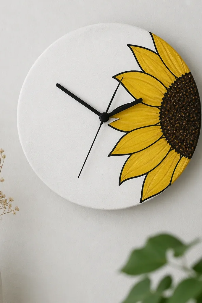 A small wall clock face painted white; the half sunflower sits on the right side with bold black petal outlines and yellow fill, and the seed head is dark brown with dot texture.