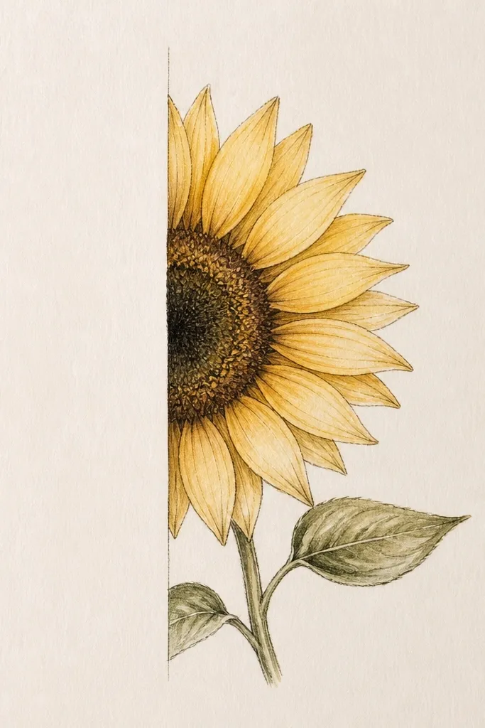 Half sunflower drawing for small spaces