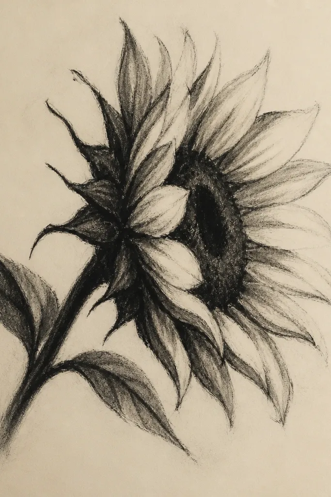 Side-view sunflower in charcoal on cream mat board with sharp shadows