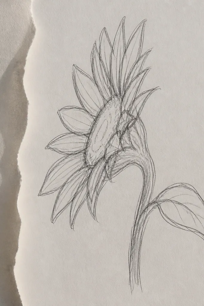 Side sunflower drawn in graphite with torn paper shadow shapes behind it
