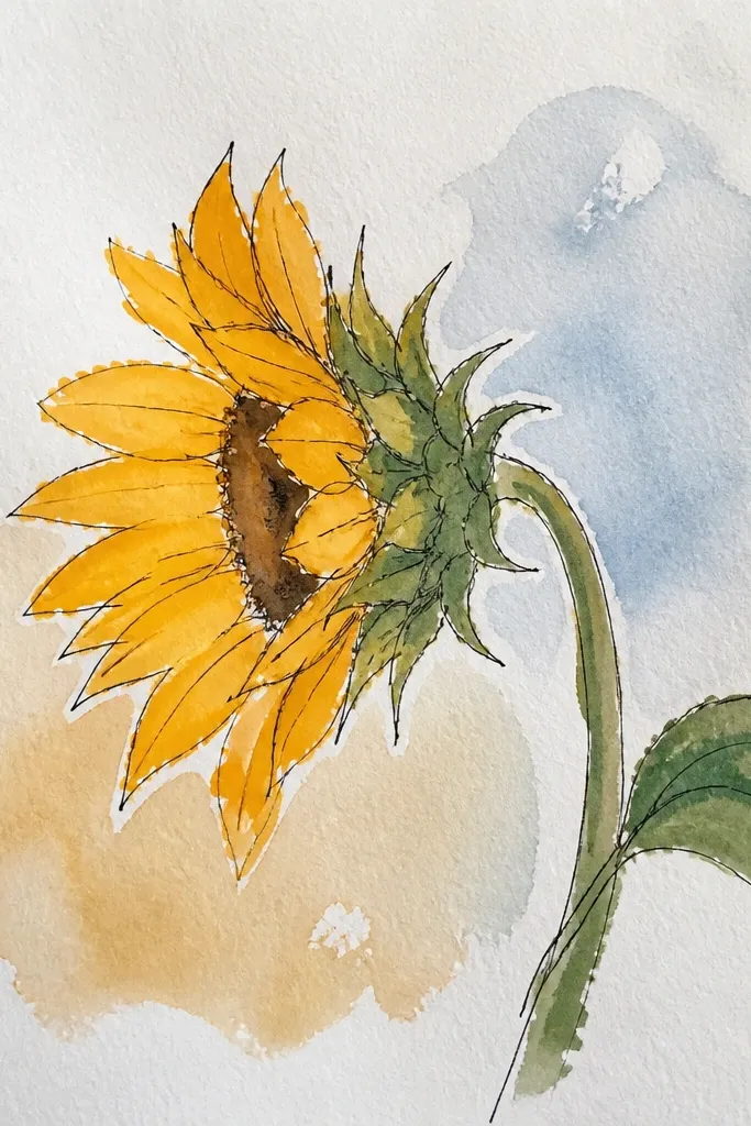 Side sunflower with ink wash shading and crisp pen outlines