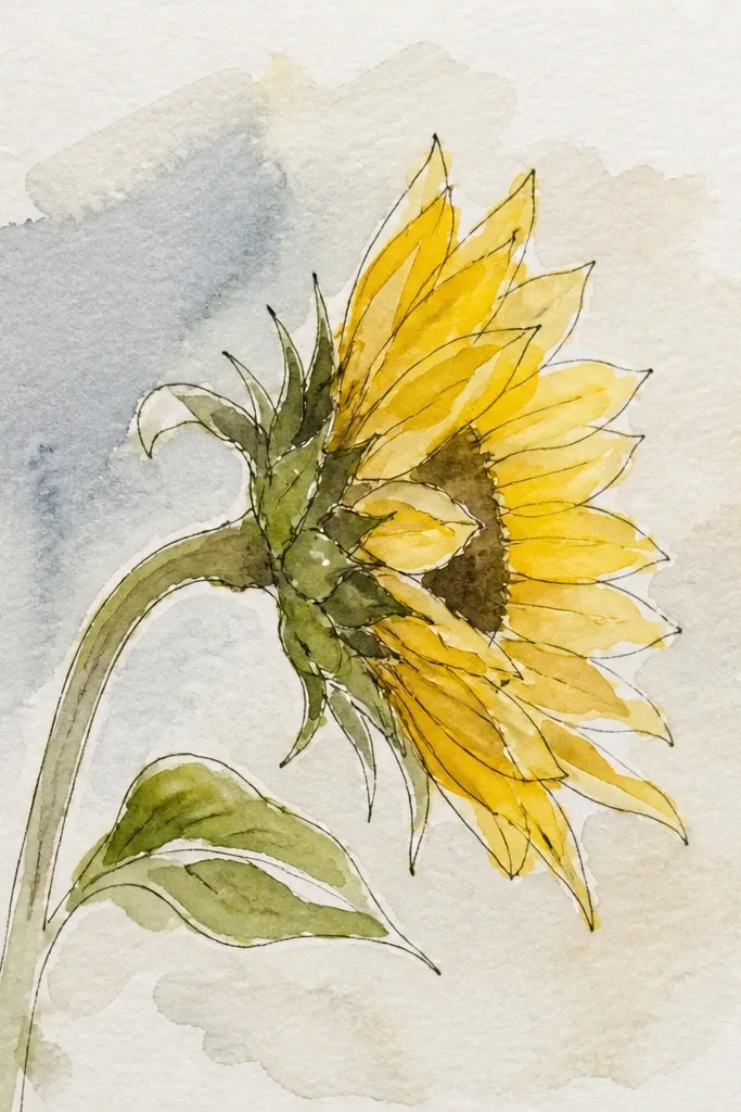 Side-view sunflower watercolor with layered glazes and clean petal edges