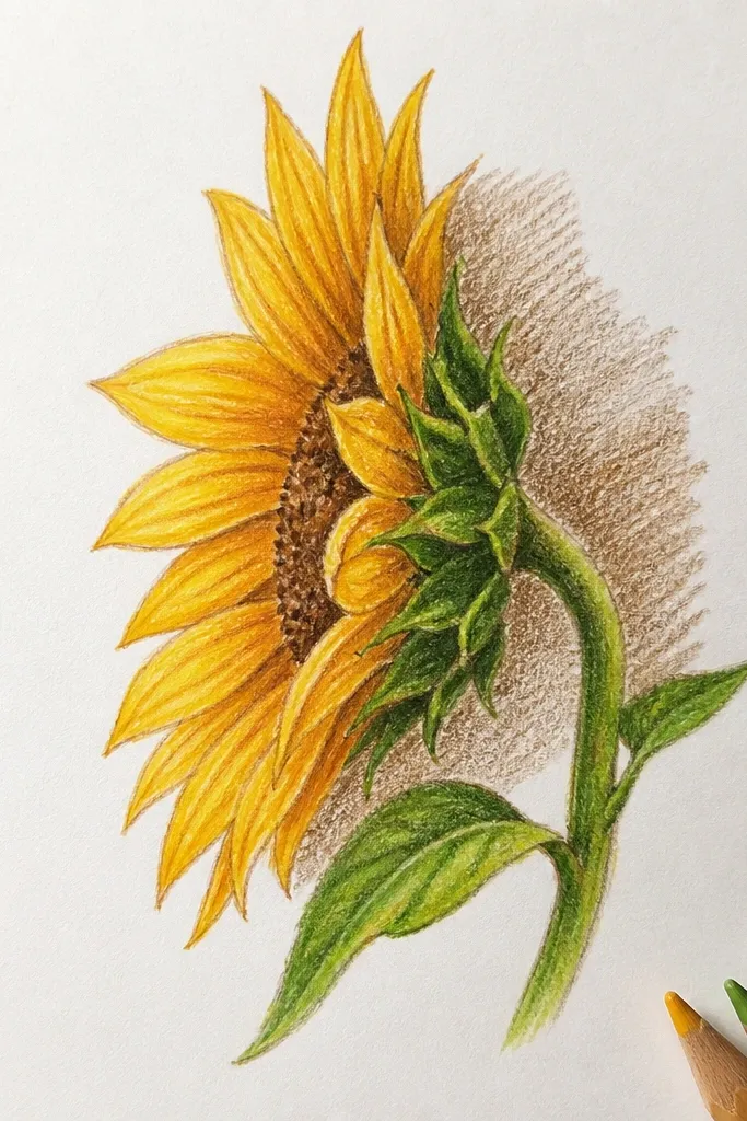 Side sunflower colored pencil drawing with burnt umber shadow blocks